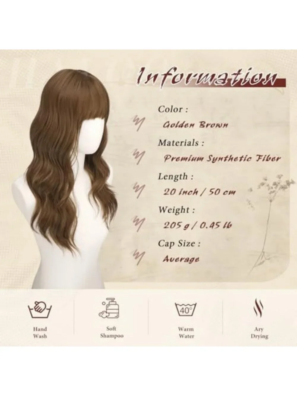 20 Inch Brown Wig with Bangs - Soft Wavy Heat Resistant Synthetic Hair for Daily